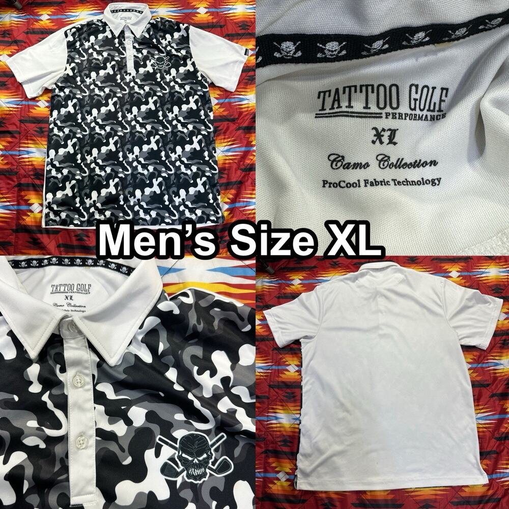 Tattoo Golf Performance Black Gray White Camo Collection Mens Sz XL Polo Shirt